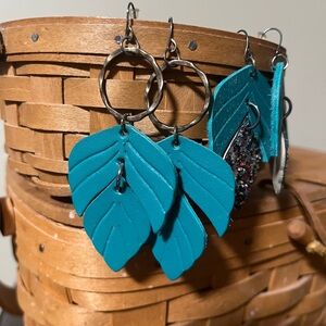 Teal Leaf Dangle Hand Cut Handmade Leather Earrings